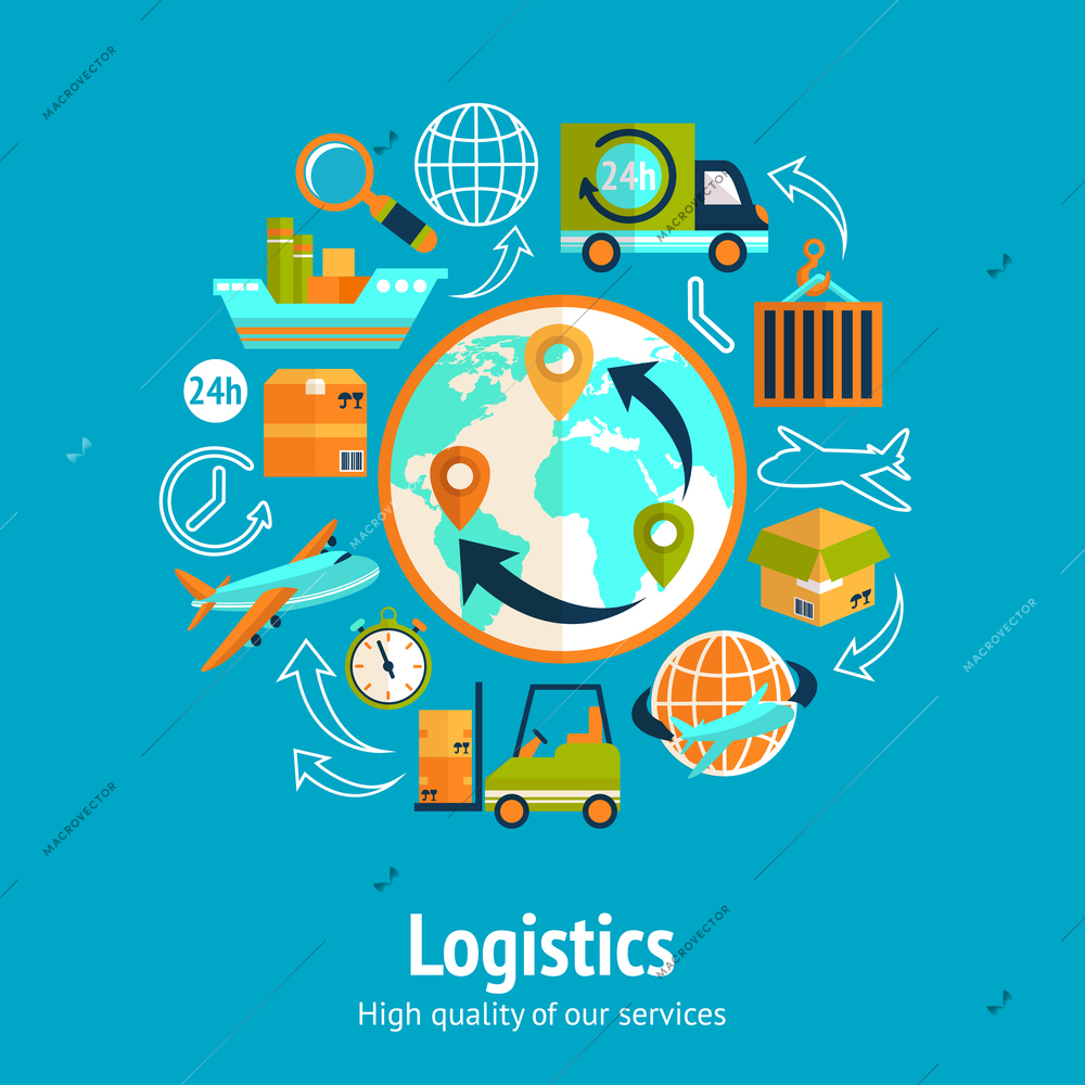 Logistic chain concept with globe and shipping freight service supply delivery icons vector illustration