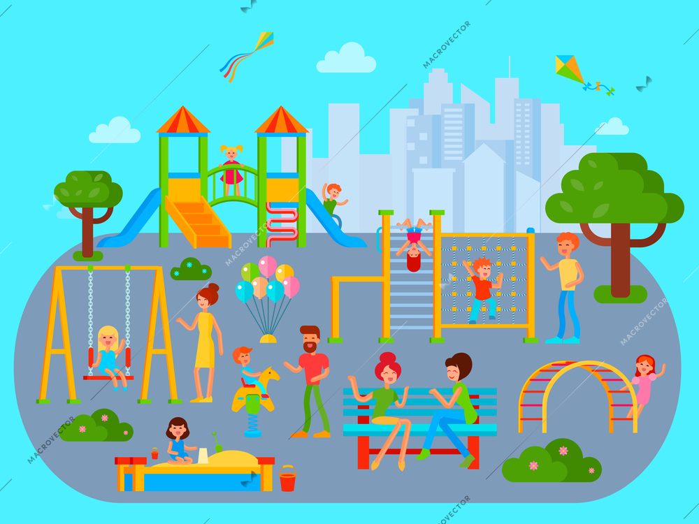 Playground composition with flat city urban landscape with playing kids teenagers and their parents cartoon characters vector illustration