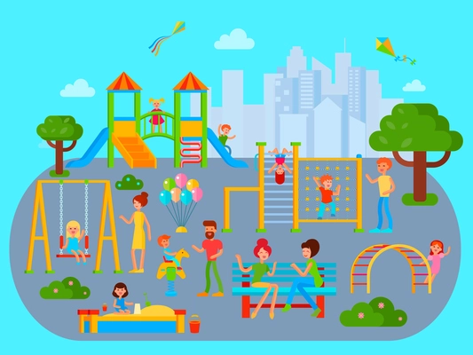 Playground composition with flat city urban landscape with playing kids teenagers and their parents cartoon characters vector illustration