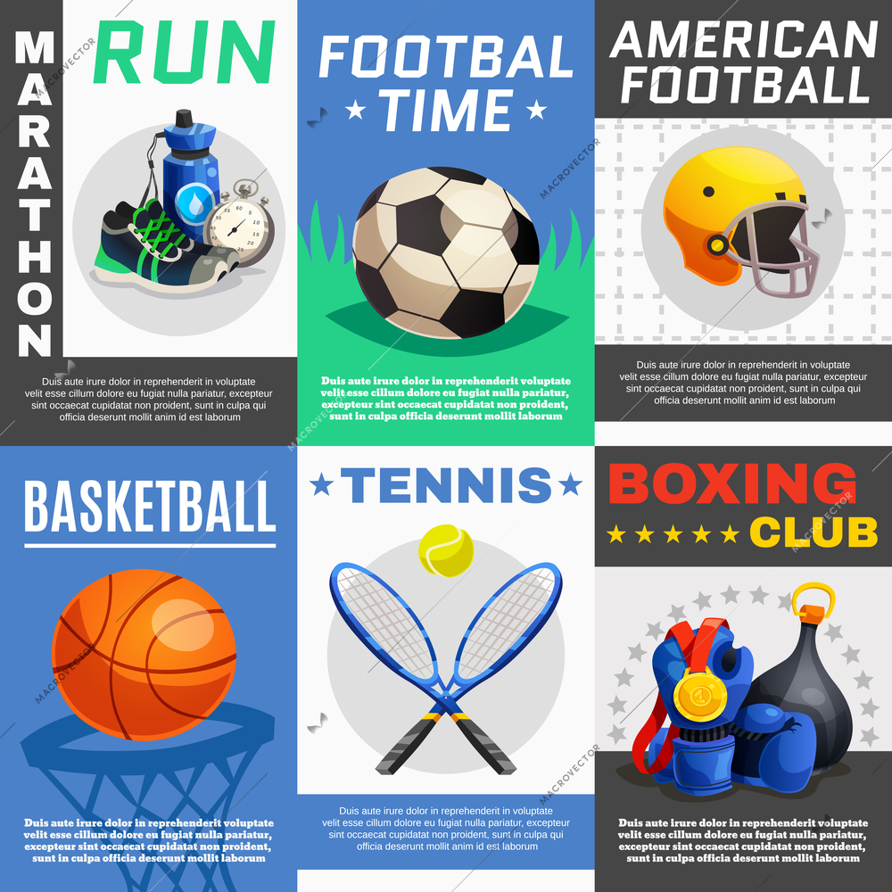 Six rectangular sport posters set with appropriate illustrations for different sports with description text vector illustration