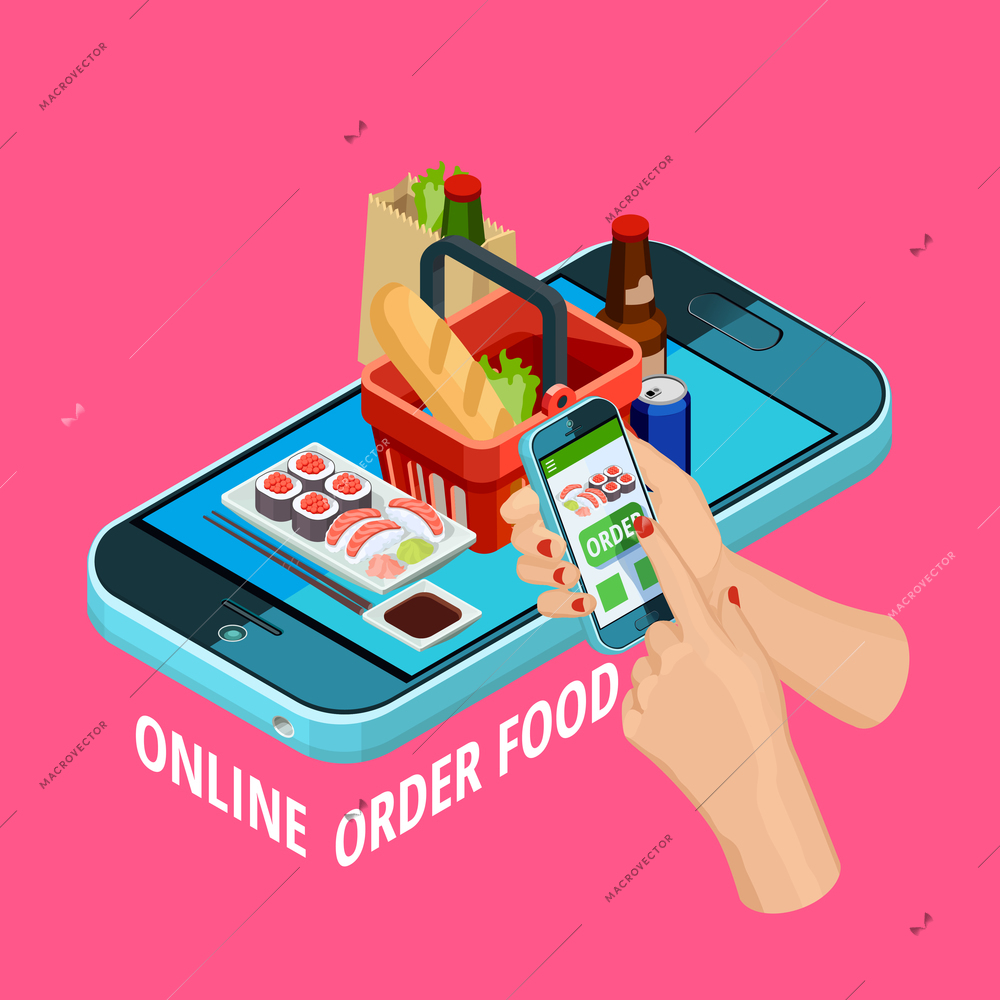 Easy online food order isometric advertisement poster with smartphone checkout grocery basket on pink background vector illustration