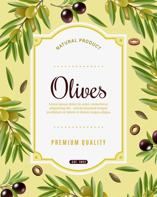 Olive frame background with olive tree symbols cartoon vector illustration