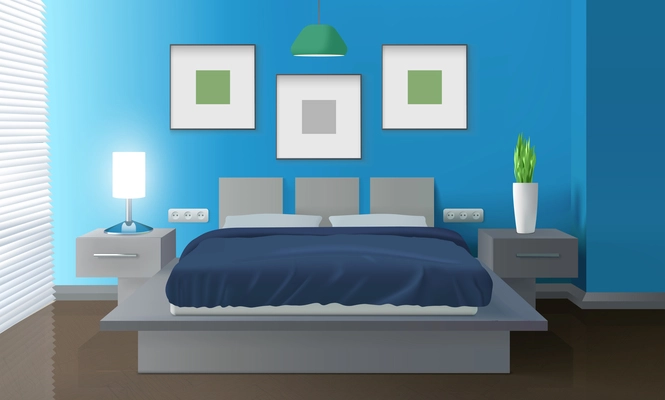 Modern bedroom blue interior with bed and house plant realistic vector illustration