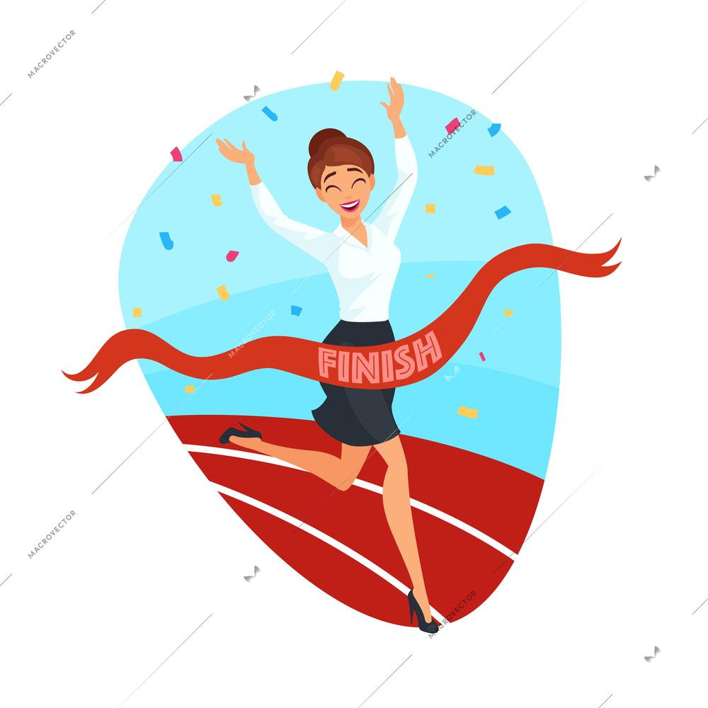 Business victory concept with happy businesswoman crossing finish line in flat style isolated vector illustration