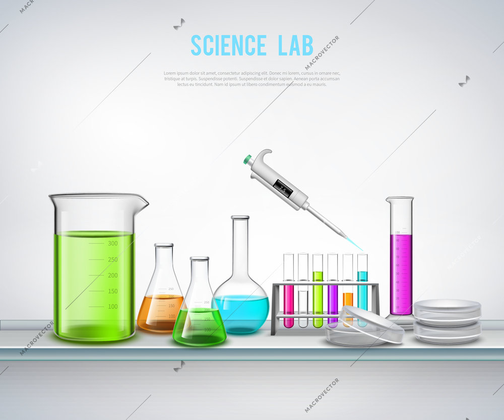 Laboratory equipment composition with syringe bottles tubes realistic symbols on blank background flat vector illustration