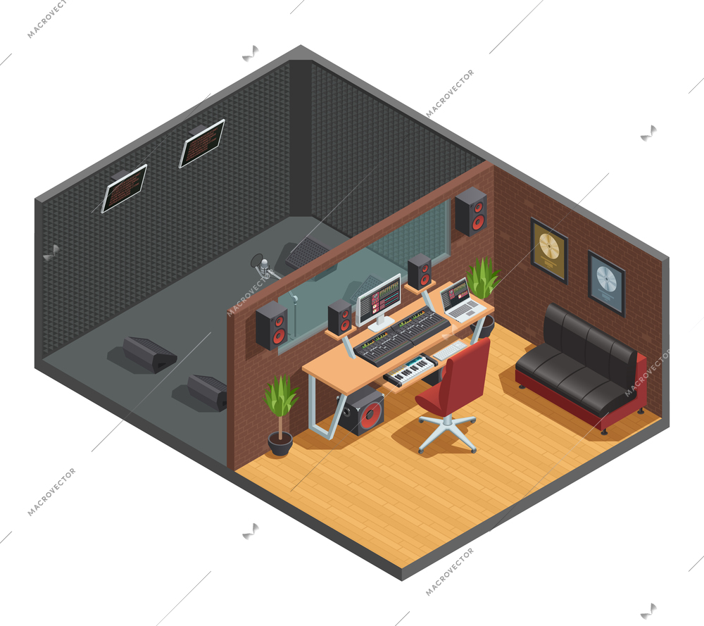 Music studio isometric interior composition with vocal recording soundproofed cabin joint with mixing room with furniture vector illustration