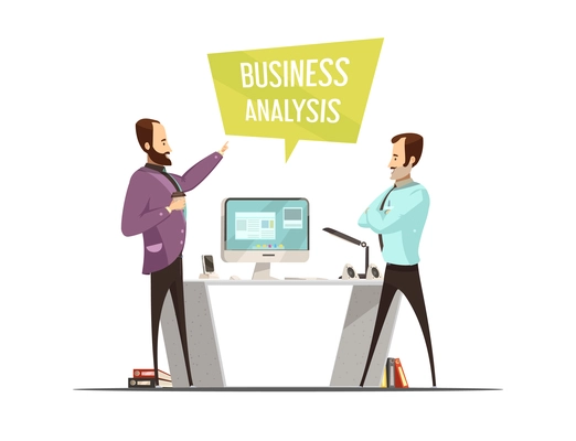 Business analysis design with speech bubble and standing men near table with computer cartoon style vector illustration