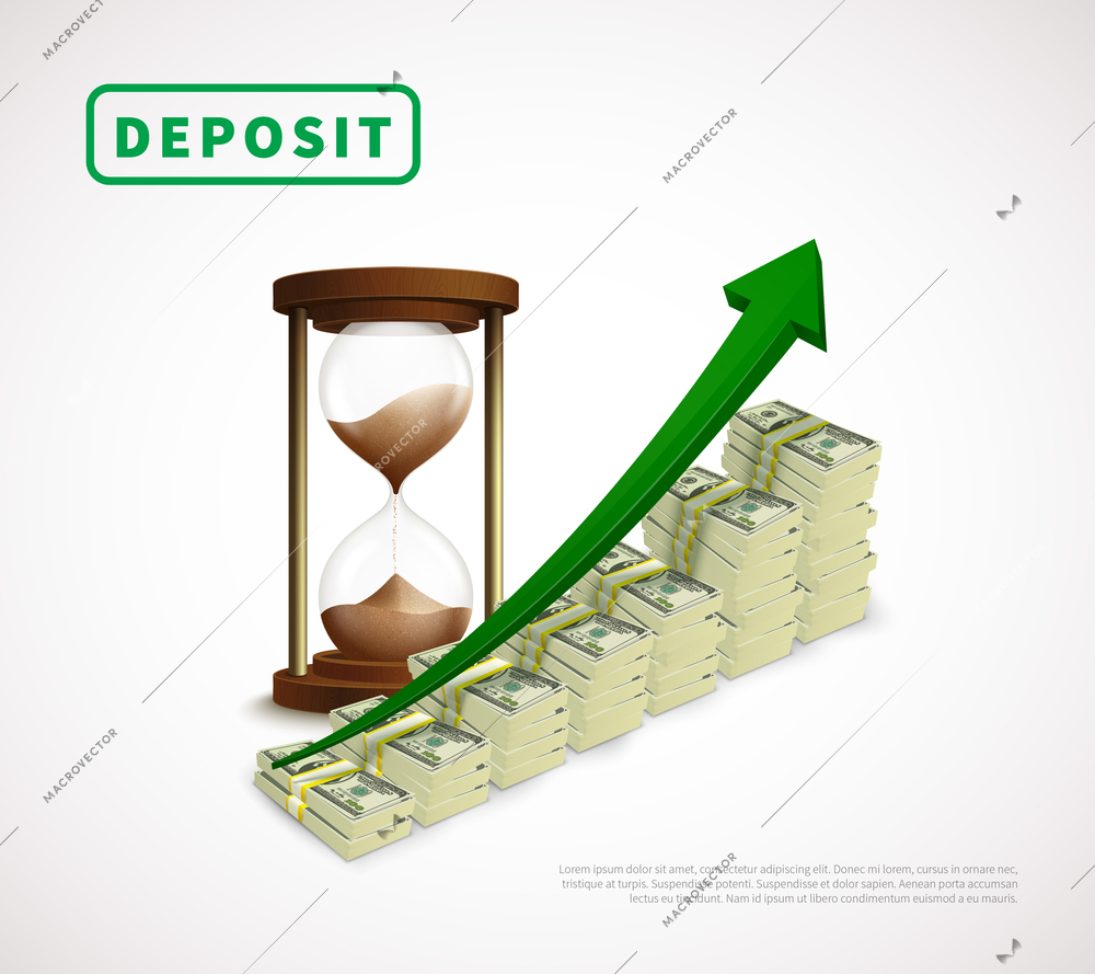 Money prosperity realistic business template with dollar banknotes stacks rising arrow and hourglass isolated vector illustration