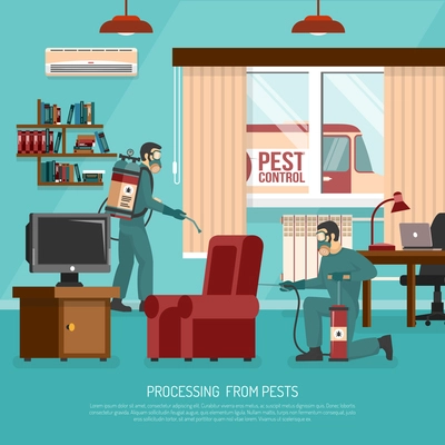 Professional interior pest control service team at work spraying insecticide in living room flat poster vector illustration