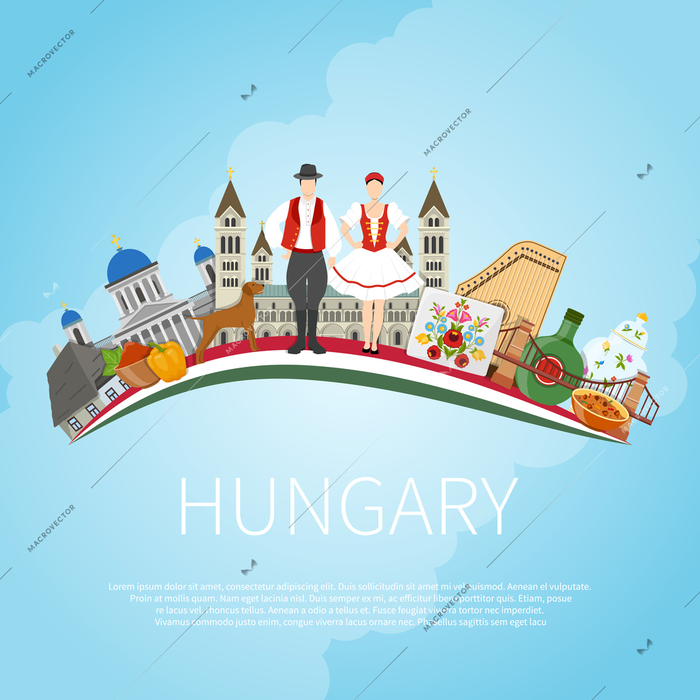 Hungary travel concept with flat composition of traditional folk art architecture buildings and editable text field vector illustration