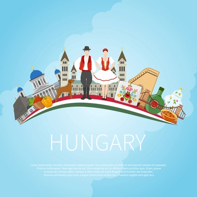 Hungary travel concept with flat composition of traditional folk art architecture buildings and editable text field vector illustration