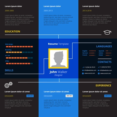 Resume design with experience and education data symbols flat vector illustration