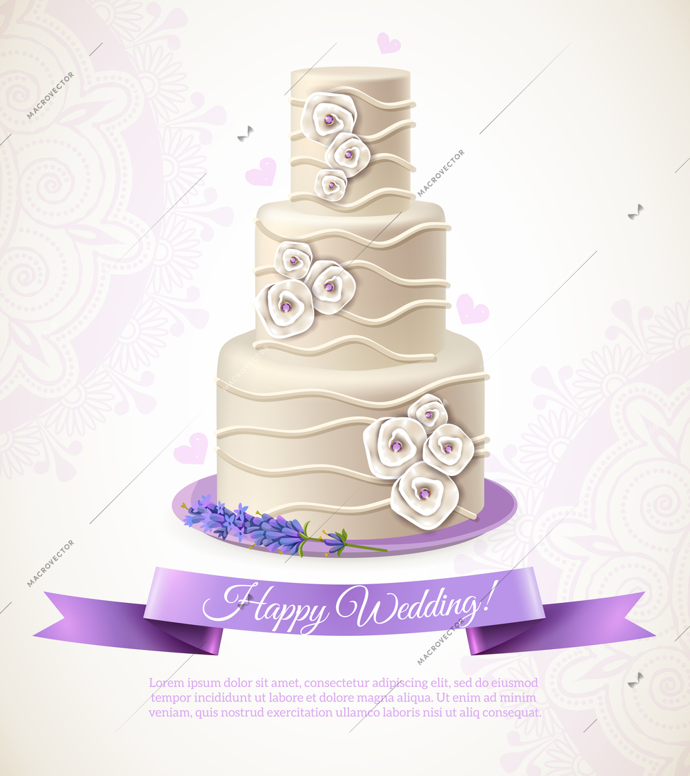 Wedding white cake with decorations wish and ribbon cartoon vector illustration