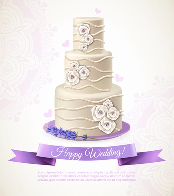 Wedding white cake with decorations wish and ribbon cartoon vector illustration