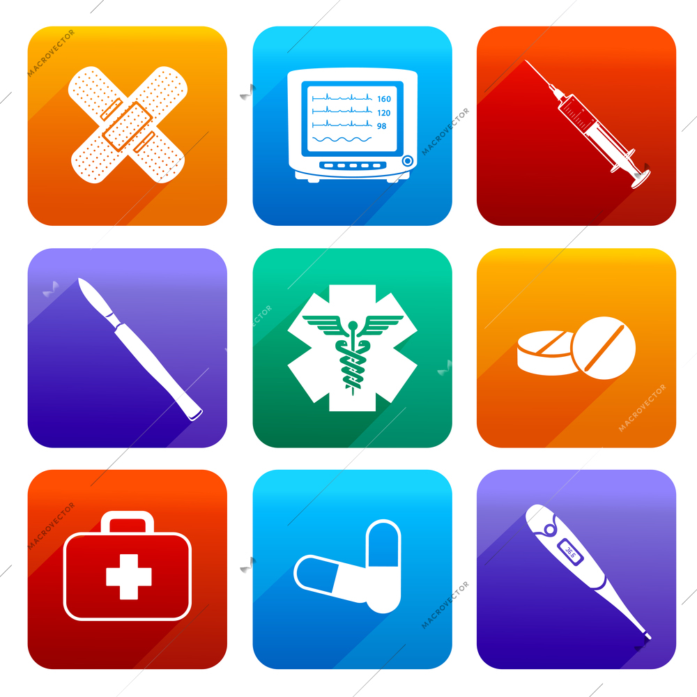 Flat medical emergency first aid care icons set with capsule sticking plaster scalpel isolated vector illustration