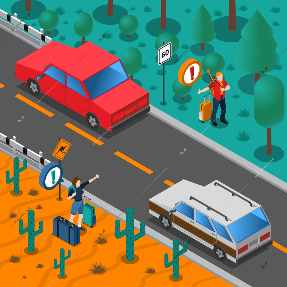 Travel isometric composition with people catching car baggage road trees and cactus vector illustration