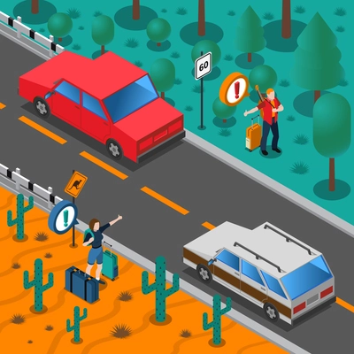 Travel isometric composition with people catching car baggage road trees and cactus vector illustration