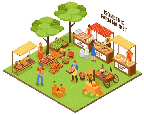 Local growing outdoor funfair market isometric composition with farmer greengrocer characters selling natural organic food products vector illustration