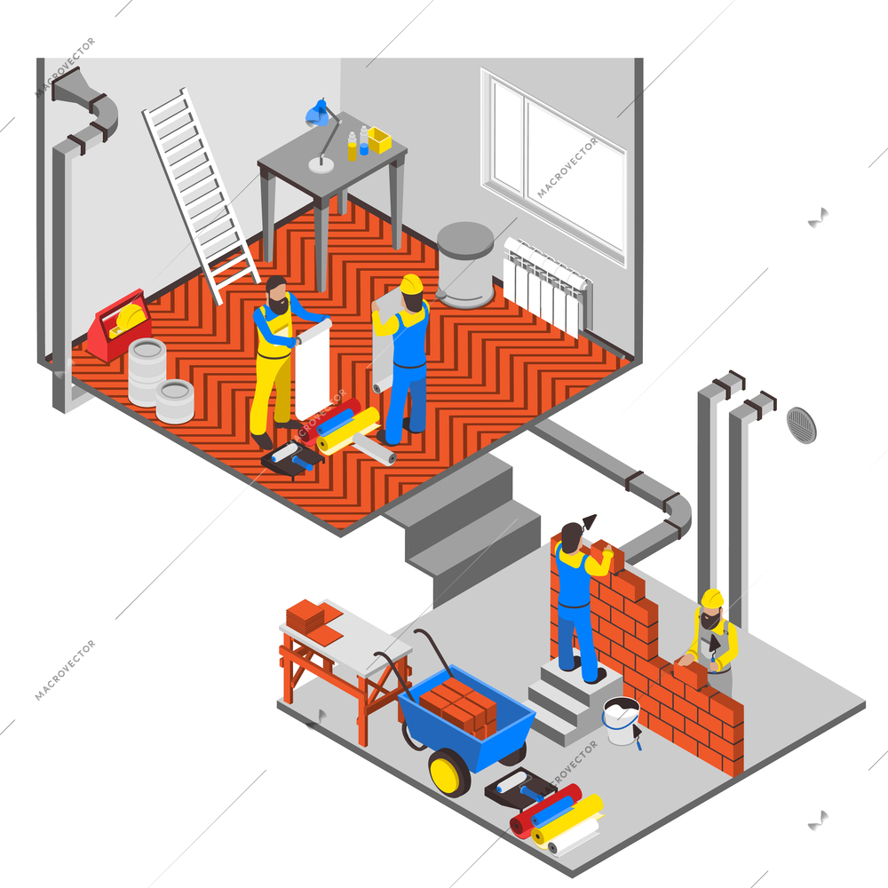 Interior repairs isometric composition with workers equipment and paint vector illustration