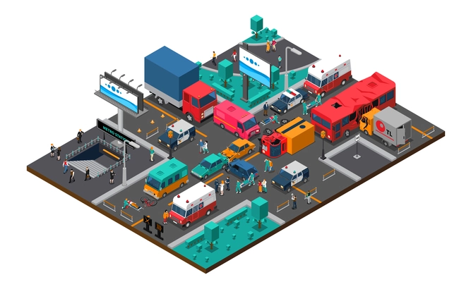 Accident on crossroad design with truck bus cars bicycle police and ambulance injured people isometric vector illustration