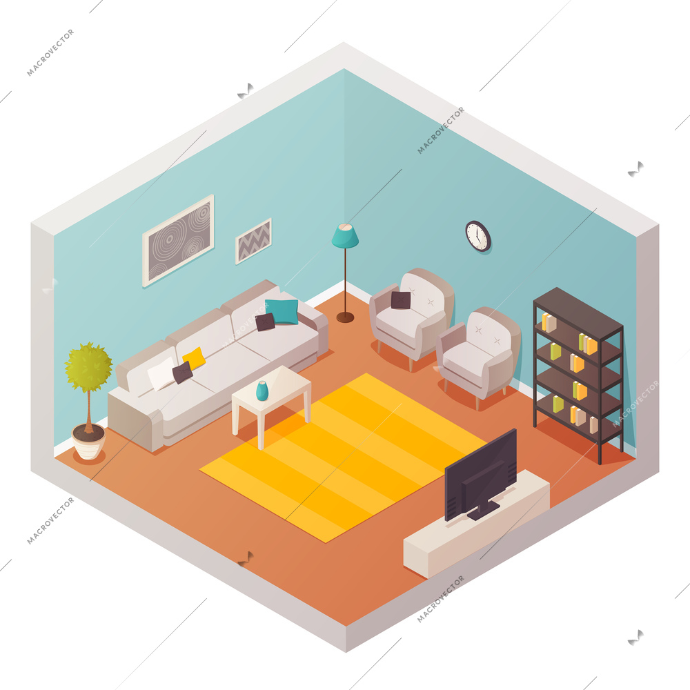Living room isometric interior with cartoon style decorations stuff and furniture carpet tv set lounge furniture vector illustration