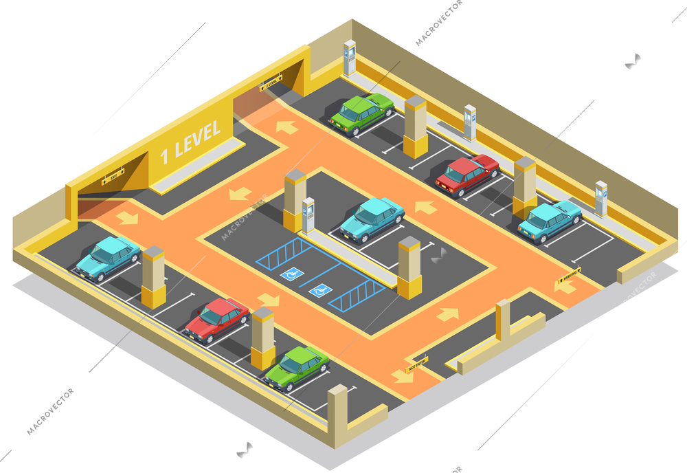 Parking underground isometric template with road cars lots and arrows direction vector illustration