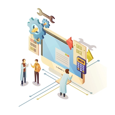 Database isometric design with staff and computer equipment for security storage and analysis of information vector illustration