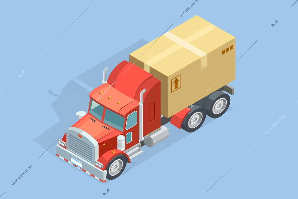 Heavy truck isometric template with carton parcel on blue background isolated vector illustration