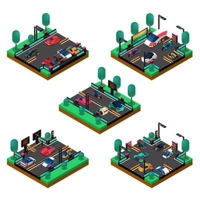 Futuristic vehicles isometric concept with new generation cars road parking zone on squares isolated vector illustration