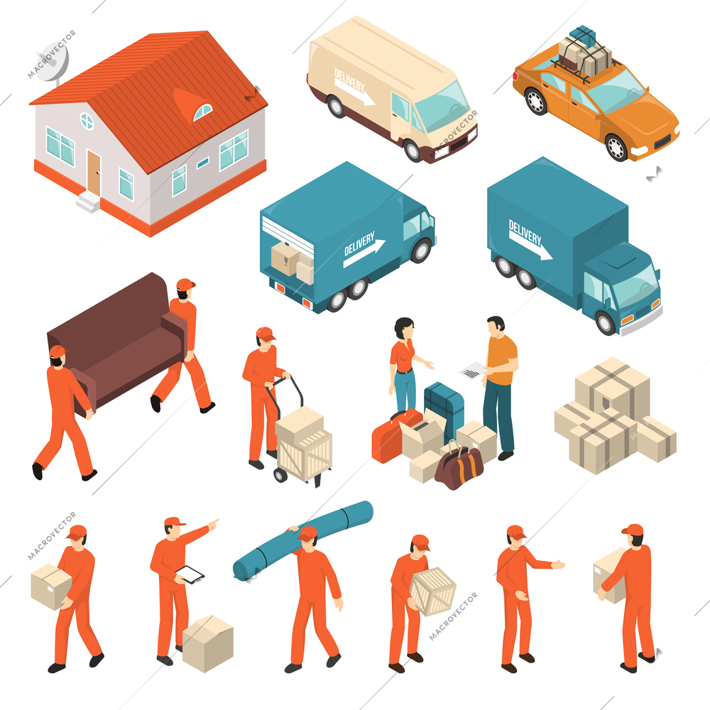 Moving company professional packing transportation unloading and delivery certified service isometric icons collection isolated vector illustration