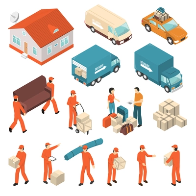 Moving company professional packing transportation unloading and delivery certified service isometric icons collection isolated vector illustration