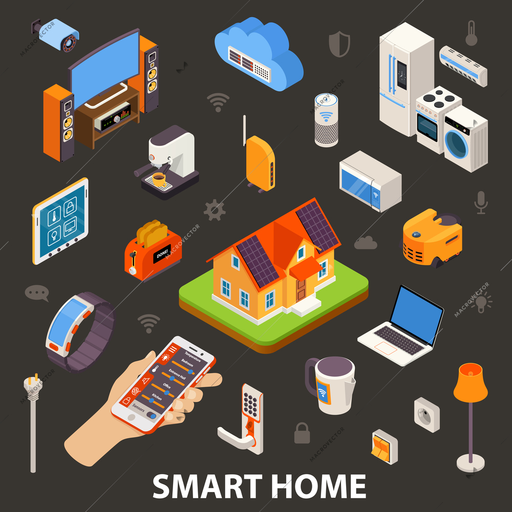 Smart home best automatic electronic devices choice with remote control in owners hand  isometric poster vector illustration
