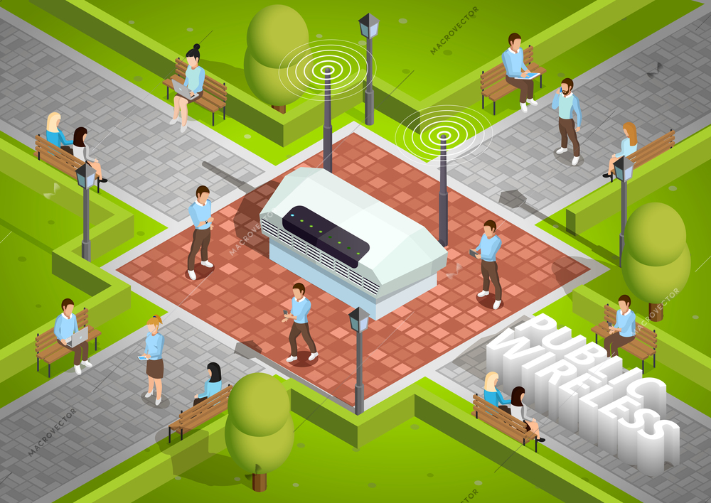 Public wireless technology access isometric poster with symbolic wifi internet connection router outdoor and smartphone users vector illustration