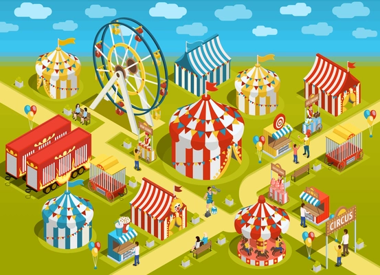 Amusement park travel circus attractions colorful isometric poster with classic striped tents and ferris observation wheel vector illustration