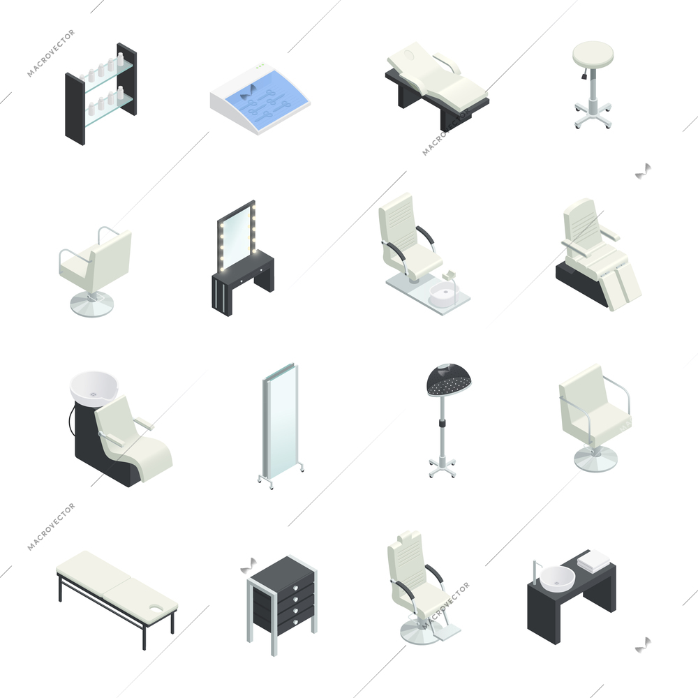 Cosmetology beauty salon equipment sixteen isolated isometric icons set with studio furniture hydraulic chairs and mirrors vector illustration