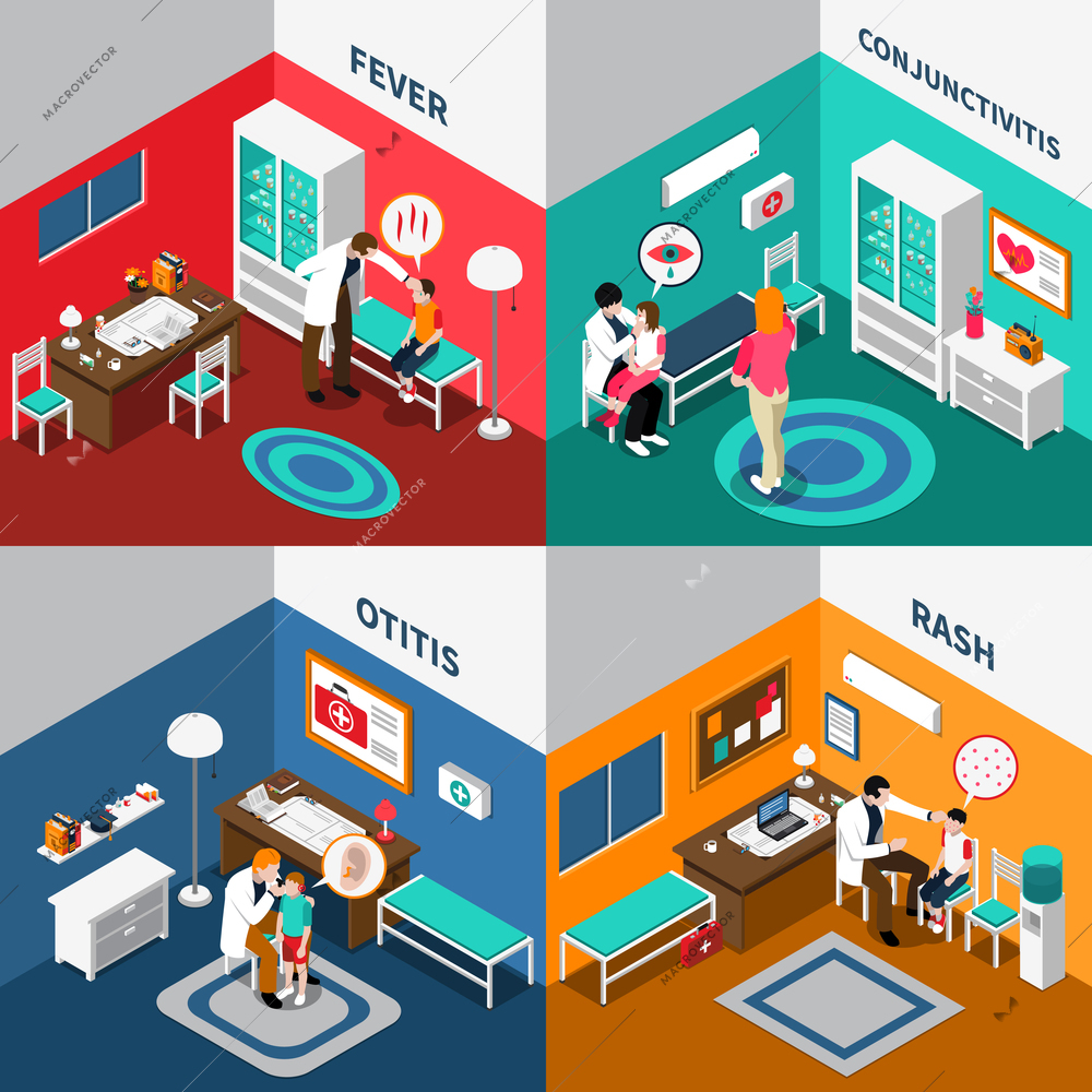 Child diseases colorful isometric compositions including kids with fever rash otitis conjunctivitis and pediatricians isolated vector illustration