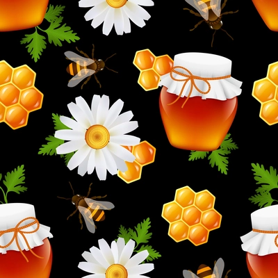 Decorative honey food glass jar bumble bee daisy honeycomb leaves seamless pattern vector illustration