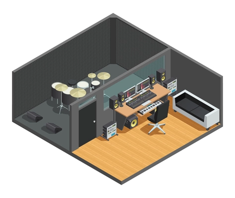 Music studio isometric interior composition with drum kit sound box and control room with mixing console vector illustration