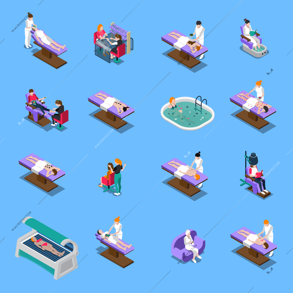 Beauty salon isometric set with manicure pedicure massage tanning and mud treatment stone therapy isolated vector illustration