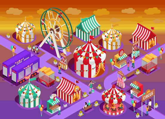 Amusement park circus attractions isometric poster with classic striped tents and observation wheel late evening vector illustration