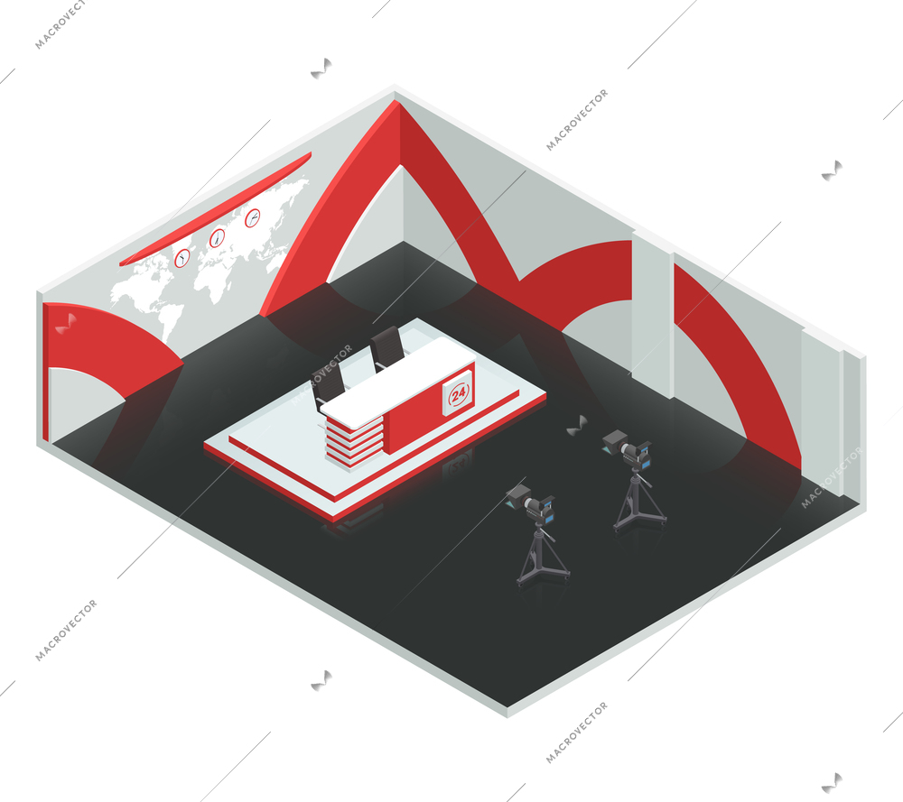 Video tv broadcast studio isometric interior composition with live news room environment newscasters table and cameras vector illustration