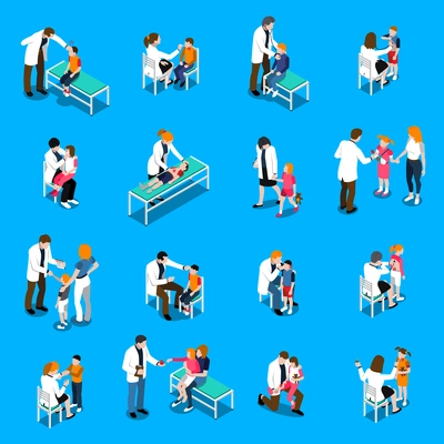 Set of isometric icons with child diseases pediatricians and parents on blue background isolated vector illustration