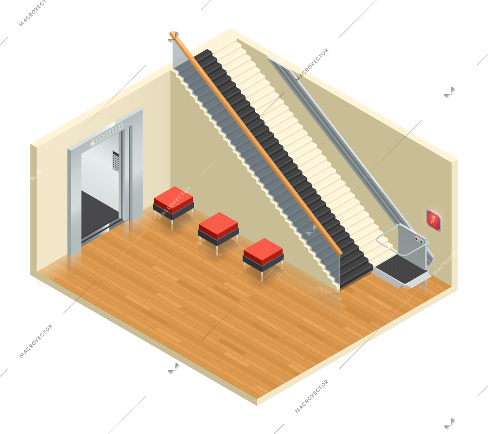 Disabled access elevator lift escalator isometric interior composition with staircase and wheelchair moving platform assistive technology vector illustration