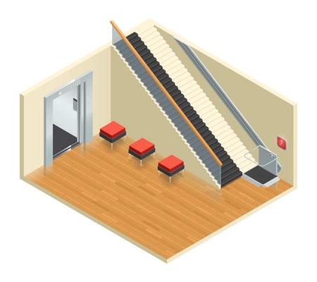 Disabled access elevator lift escalator isometric interior composition with staircase and wheelchair moving platform assistive technology vector illustration