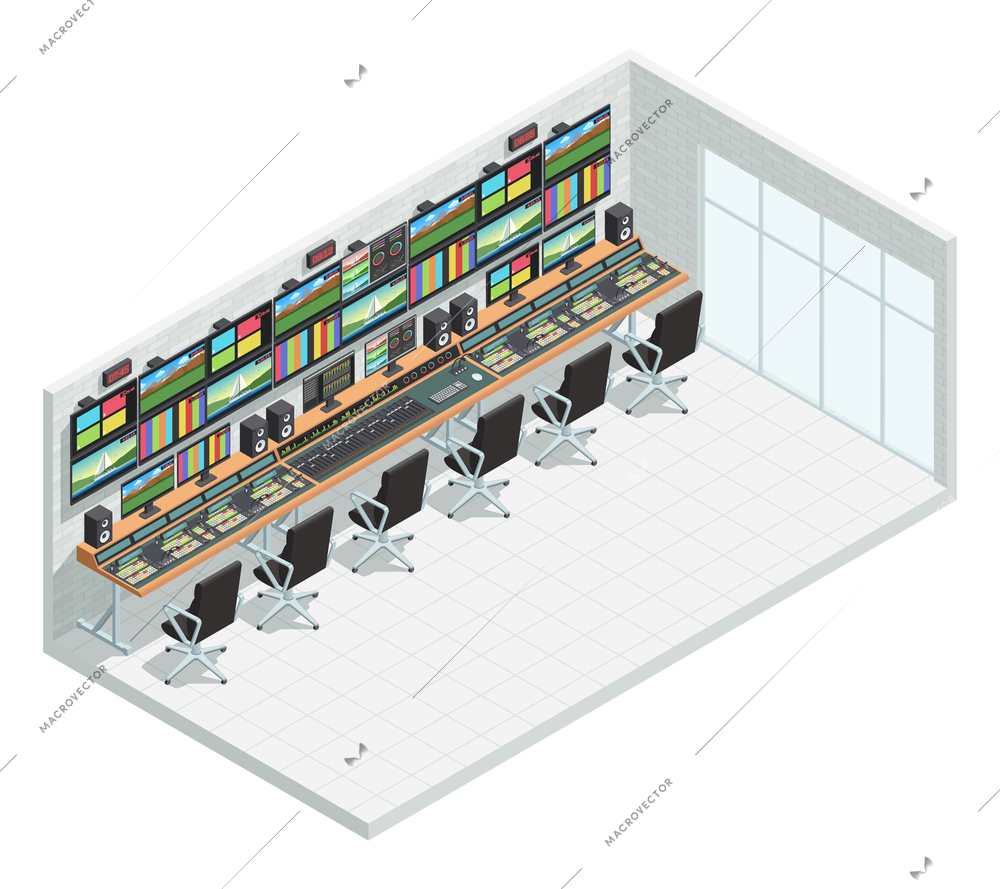 Video tv broadcast studio isometric interior composition with television production facility control room equipment and chairs vector illustration