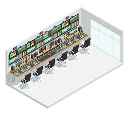 Video tv broadcast studio isometric interior composition with television production facility control room equipment and chairs vector illustration