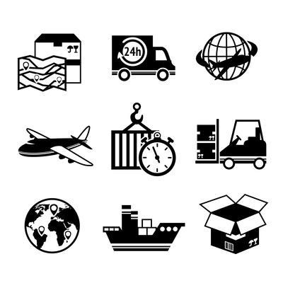 Logistic shipping freight service supply delivery black and white icons set isolated vector illustration