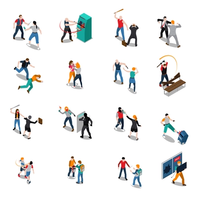 Street hooligans isometric icons with attack on women fight of men destruction and stealing isolated vector illustration