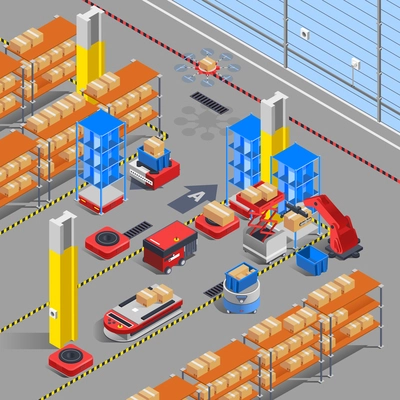 Automatic robotic warehouse section isometric interior composition with scoop lifters drones and  shelves with similar boxes vector illustration