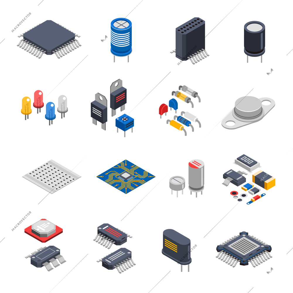 Isolated semiconductor electronic components isometric icons set with circuit board elements microprocessors electrolytic capacitors and microchips vector illustration